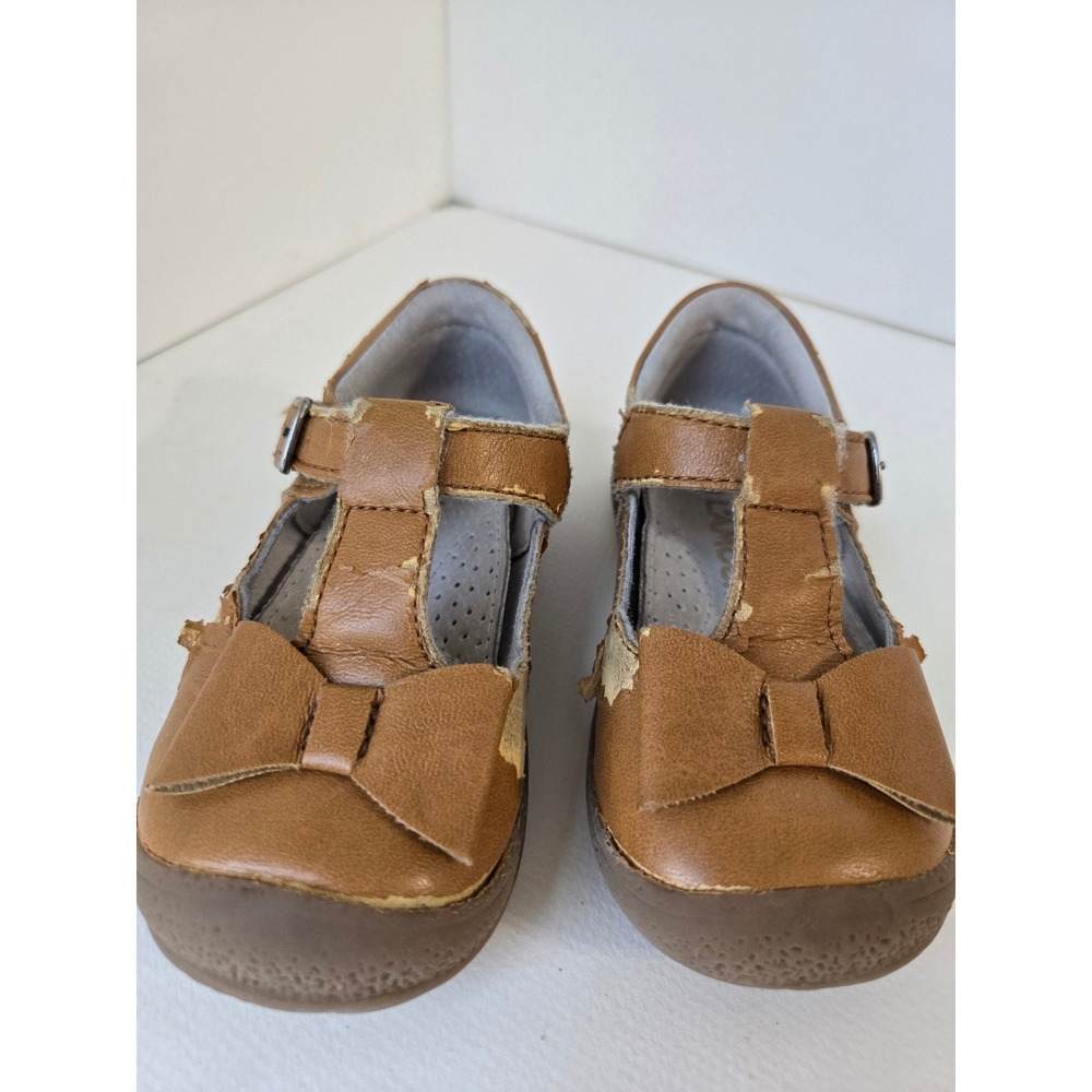 L'Amour Girls Tan Brown Bow T-Strap Mary Jane Shoes